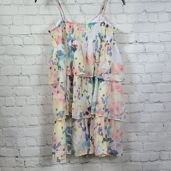 Candie’s Watercolor Bow Tiered Chiffon Babydoll Mini Dress Juniors L Sleeveless - Picture 8 of 12